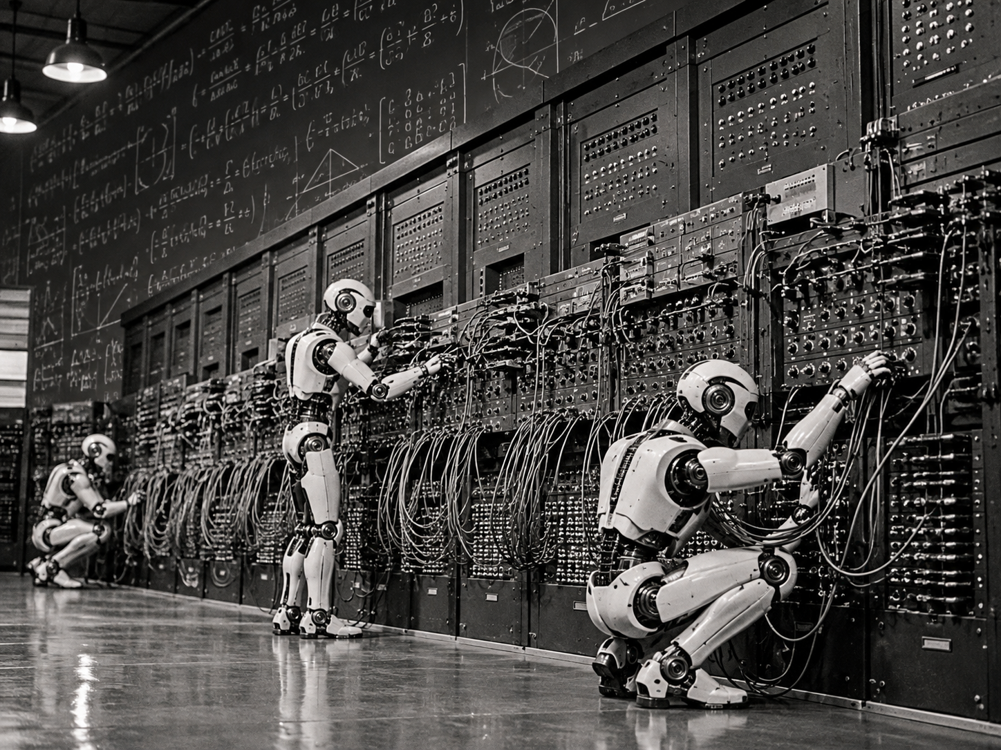 Robôs retrofuturistas conectando cabos em um mainframe